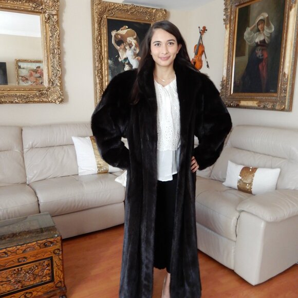 VTG.Barth Wind Genuine Dark Brown Shiny Mink Fur Coat Full Length L/XL - Picture 6 of 12